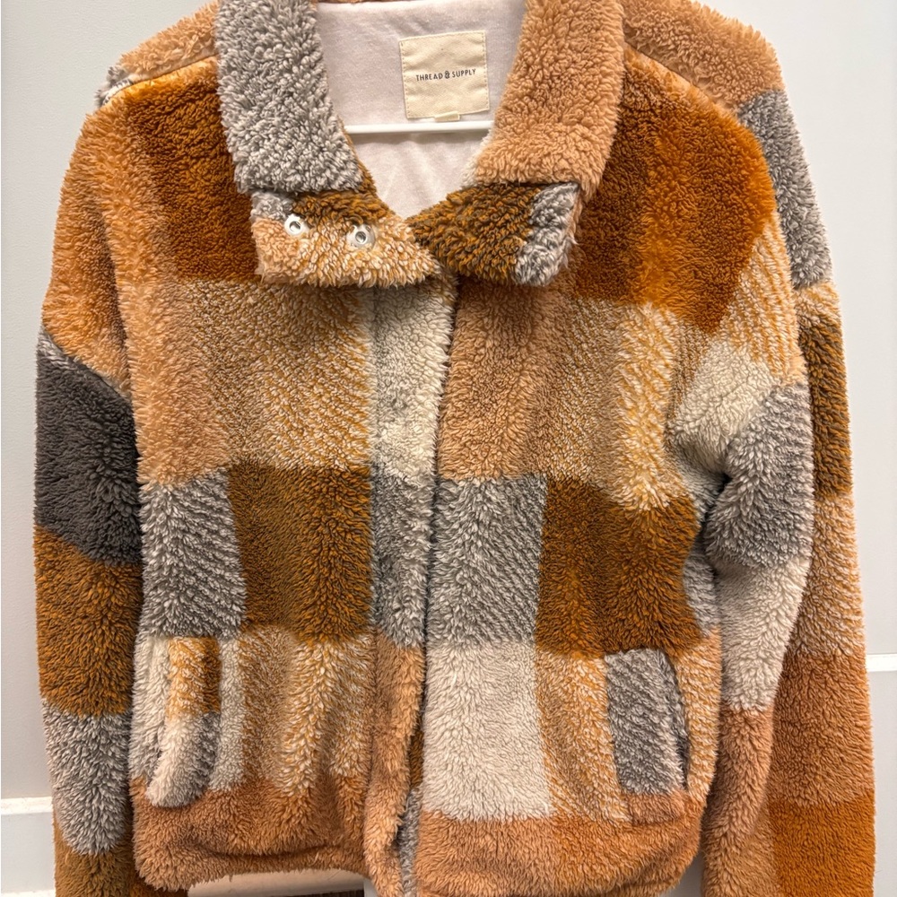 Thread & Supply Plaid Sherpa Jacket - Orange, Gray, Cream